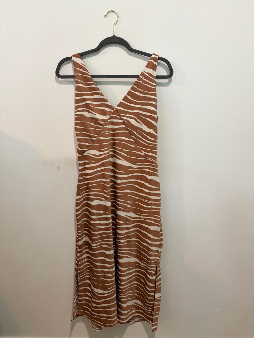 Brown Zebra-Stripe V-Neck Midi Dress